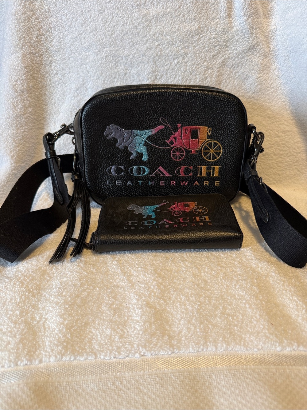 Coach Black Leather Crossbody Bag and Wallet with Multicolor Coach Logo